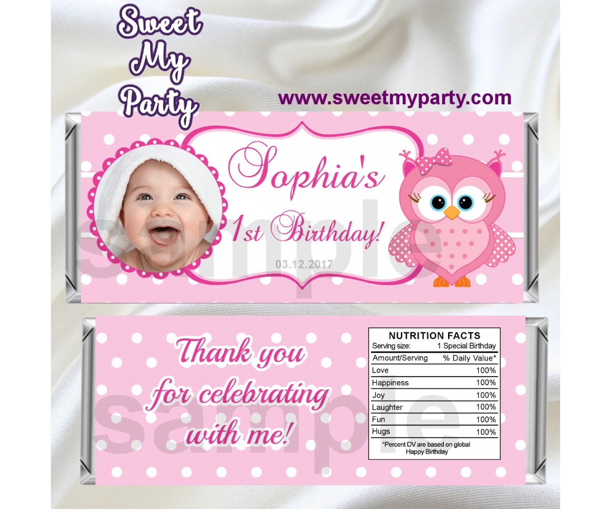 Pink Owl Candy Bar Wrappers with photo,Pink Owl Birthday Candy Bar Wrappers,(03ok)